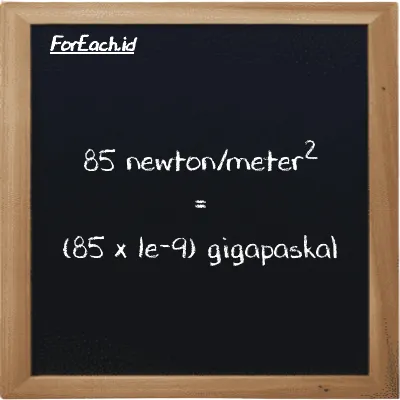 Cara konversi newton/meter<sup>2</sup> ke gigapaskal (N/m<sup>2</sup> ke GPa): 85 newton/meter<sup>2</sup> (N/m<sup>2</sup>) setara dengan 85 dikalikan dengan 1e-9 gigapaskal (GPa)